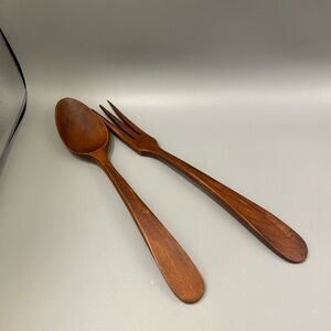 Vintage Wood Salad Serving Fork and Spoon, Woodcraftery France MCM Lightweight